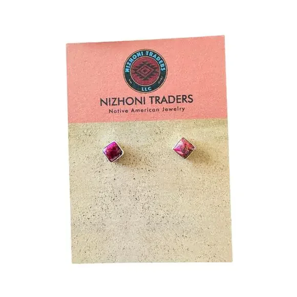 Handcrafted Sterling Silver & Pink Mojave Square Stud Earnings - Picture 6 of 6